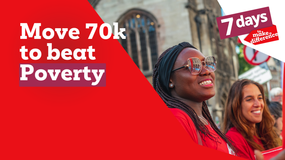 A Christian Aid supporter wearing a red t-shirt and sunglasses smiles while cheering at the London Marathon. Another supporter in a red t-shirt stands beside her, also smiling. The background features a historic building and event signage. The text overlay reads 'Move 70k to beat Poverty' and '7 days to make a difference.
