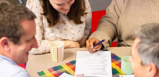 Group seated at a small table looking doing a quiz together 